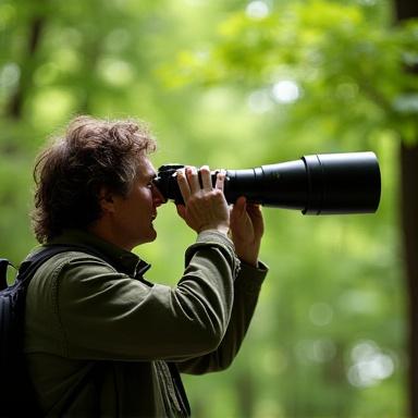 A guest aiming a large telephoto lens towards the forest canopy.
