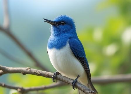 A vibrant blue-and-white flycatcher singing on a branch in the Japanese Alps.